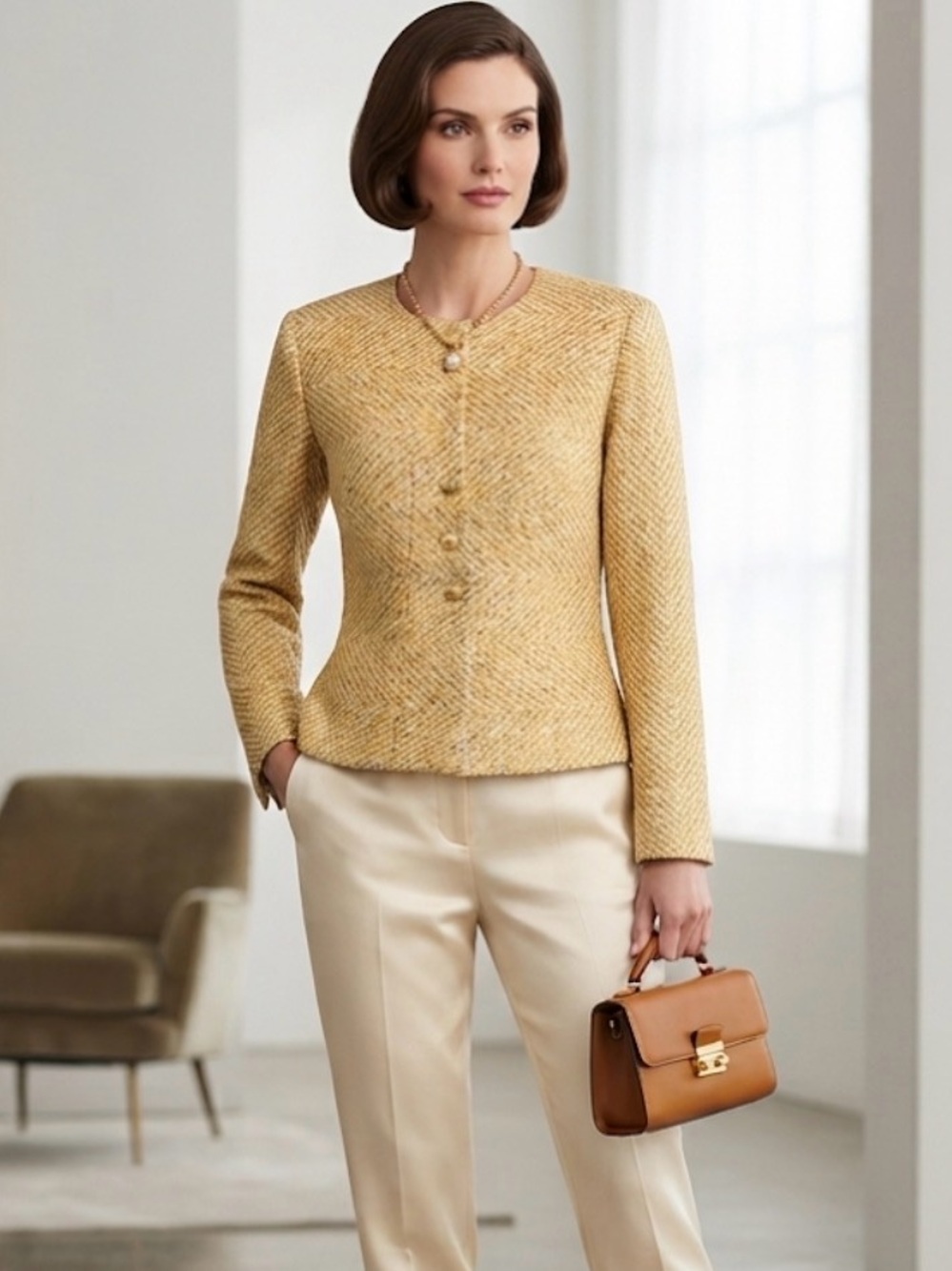 Authentic Vintage Chanel 00A Gold Metallic Chevron Tweed Wool Silk Jacket SZ 42
